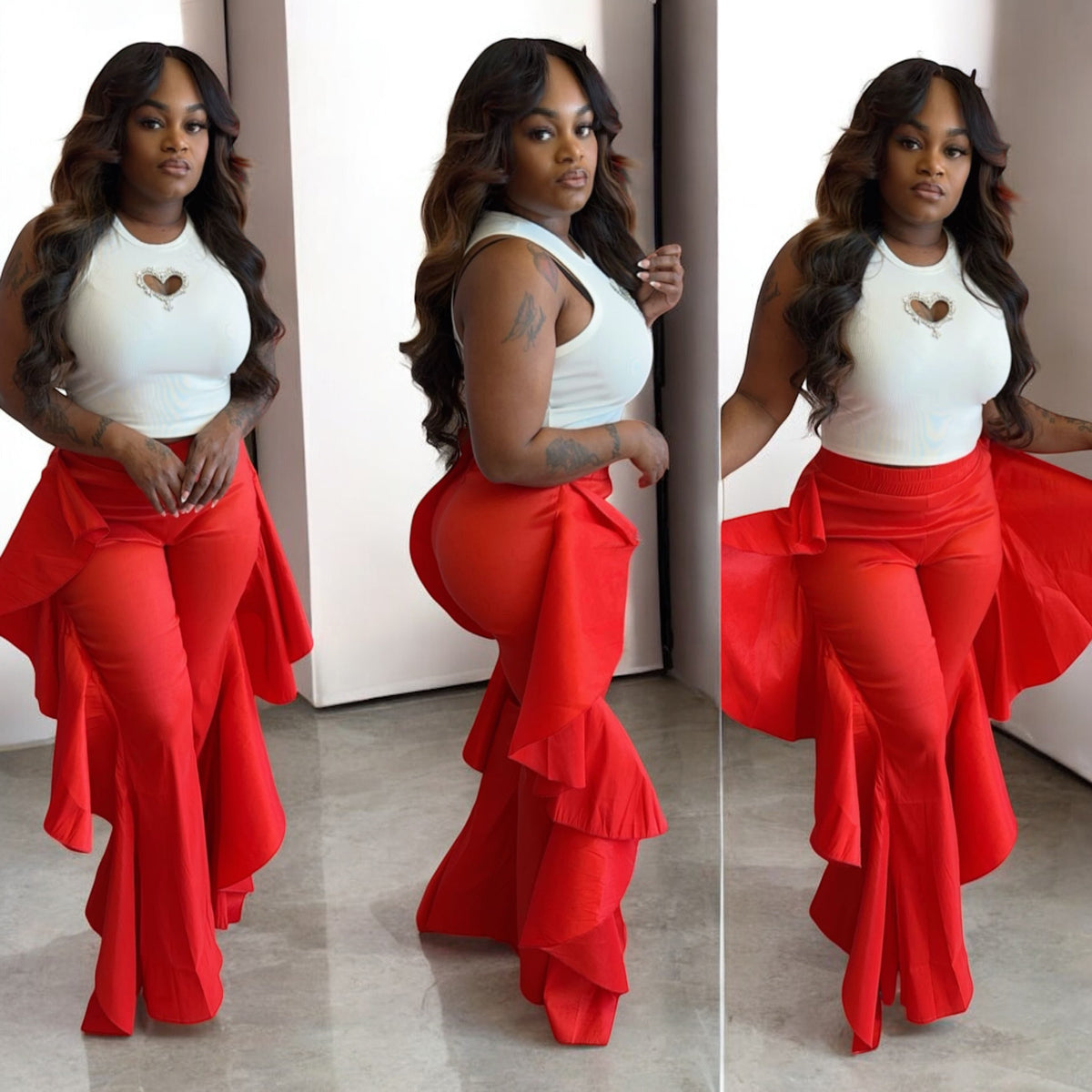 RUFFLE SIDE BELL BOTTOM PANTS