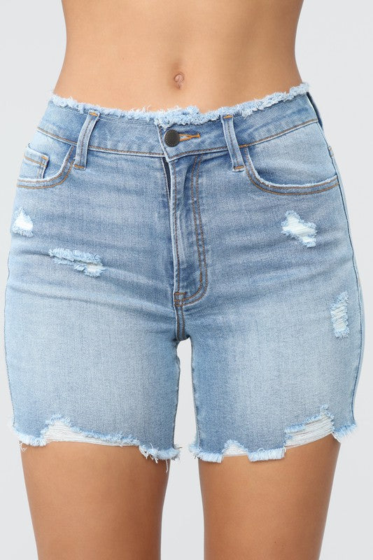 Light Washed Distressed High Rise Bermuda Shorts